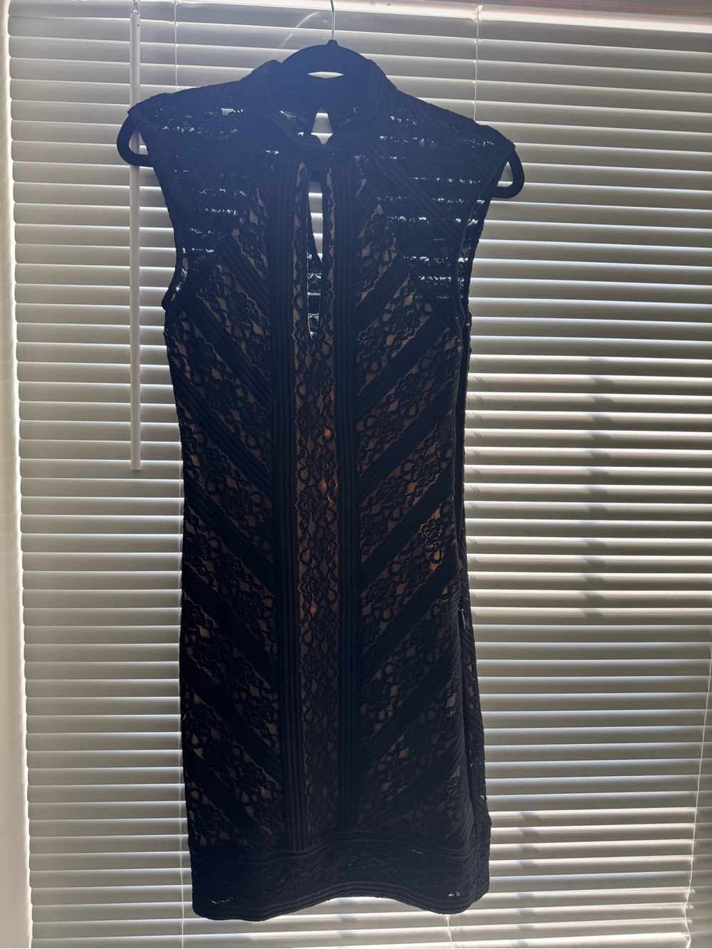 bebe Black Lace Mini Dress with Keyhole Neck